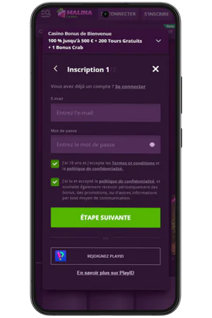 Formulaire d'inscription sur Malina Casino