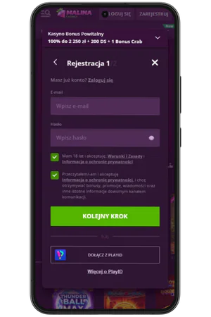 Formularz rejestracyjny w Malina Casino